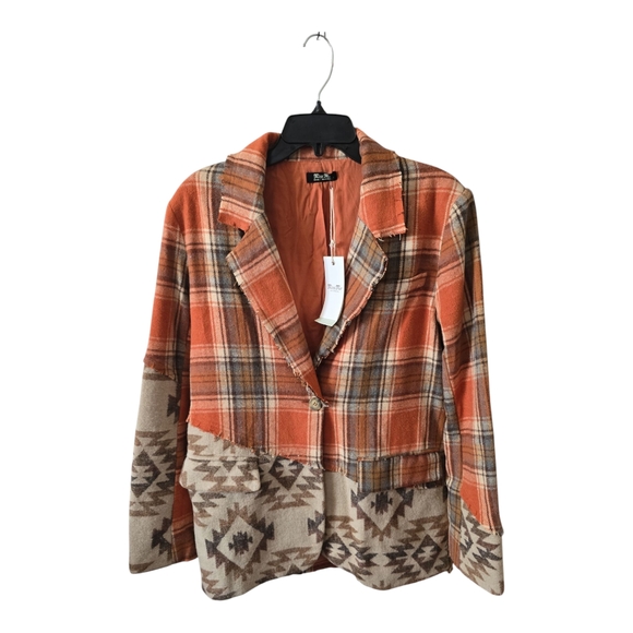 Miss Me Jackets & Blazers - Miss Me Orange and Cream Blazer with Plaid and Geometric Patterns